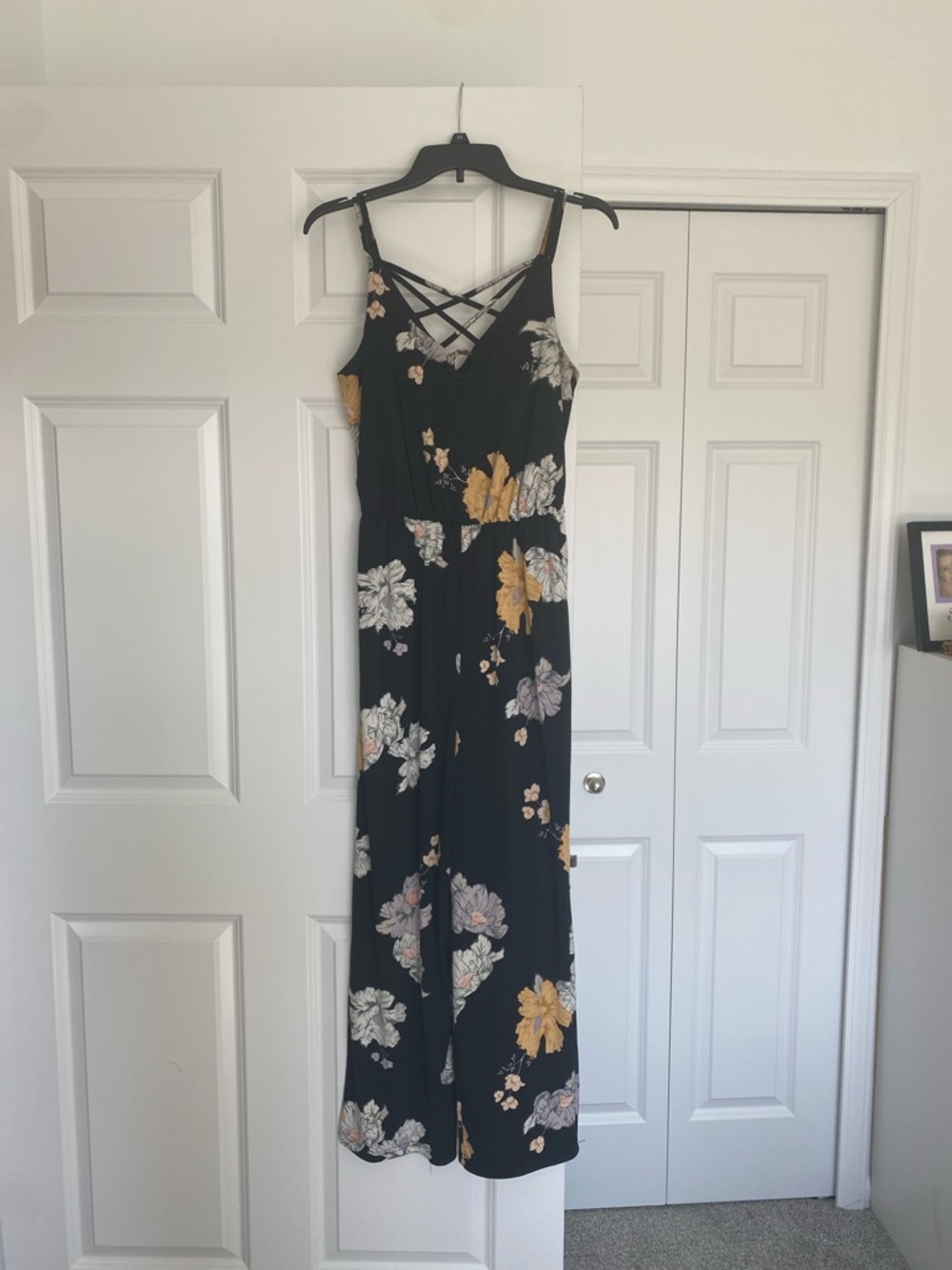 Maurices Black Floral Wide-Leg Jumpsuit with Yellow & Cream Blooms